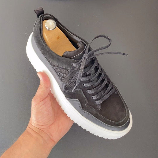 Grey Nubuck Lace-Up Platform Sneakers