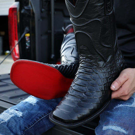 TOTAL BLACK Anaconda Leather Boots - Square Toe