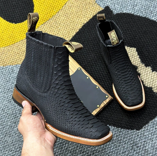 Black Python Square Toe Ankle Boot