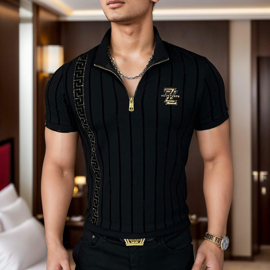 ZZ Vertical Stripe Rhinestone Zipper Polo Shirt