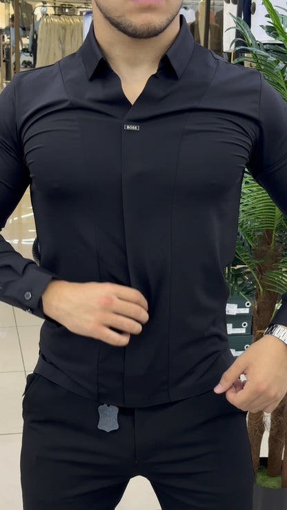 Men's textured V-neck slim shirt