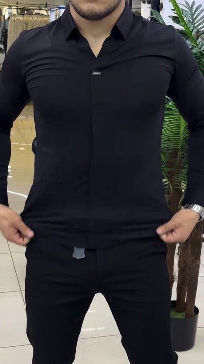 Men's textured V-neck slim shirt