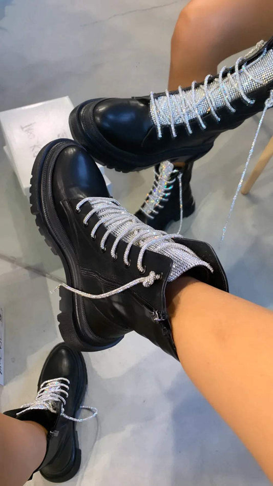 Rhinestone Heightened Woman's Leather Boots